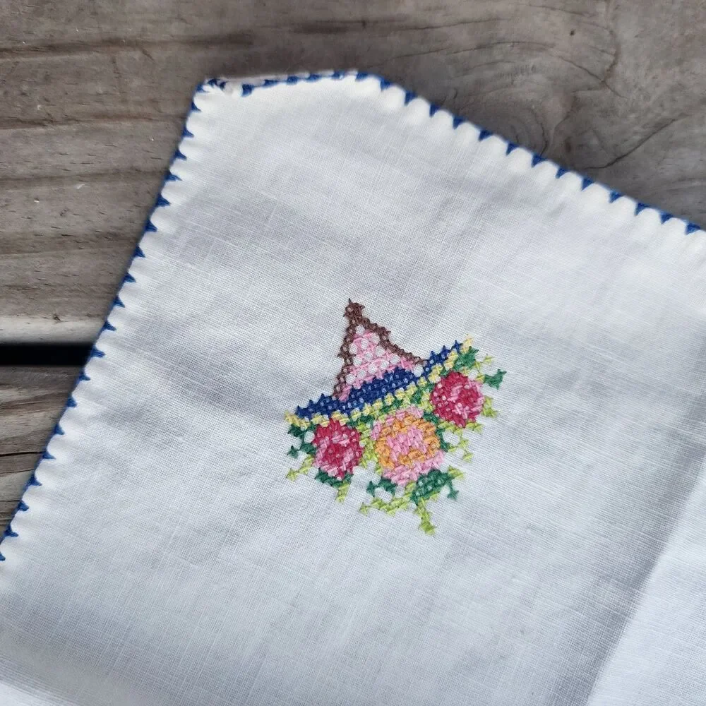 2 Vintage Cotton Handkerchief Hankie Embroidered Cross Stitch w/Flower Bouquet